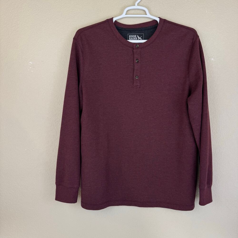 Eddie Bauer Shirt Mens XL Maroon Long Sleeve Henley Thermal Waffle Casual Top